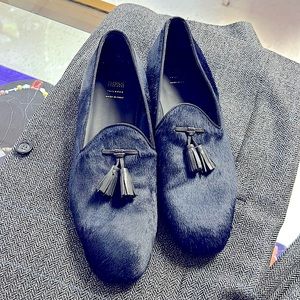 Men’s navy real calf fur loafers, black tassels, tailored made in Italy